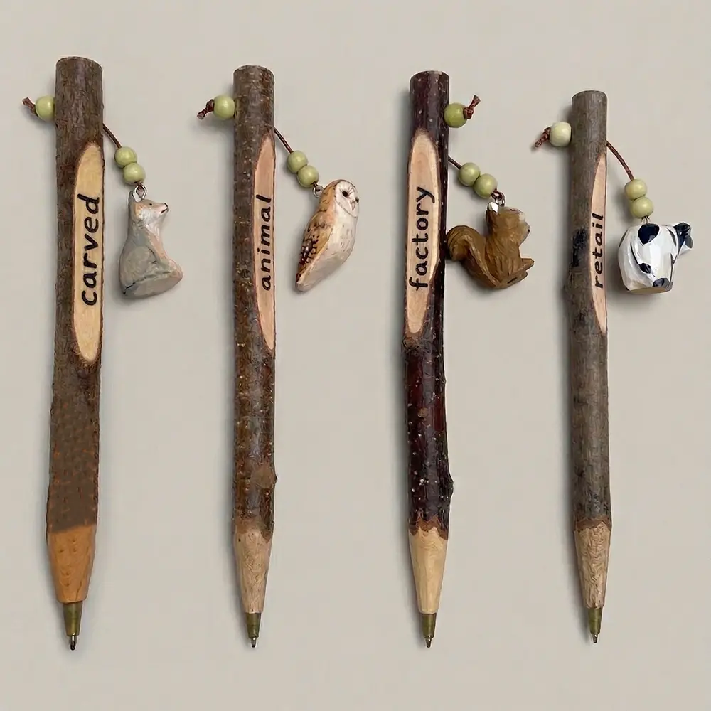 Personalized wooden branch pens with natural bark and carved animal charms
sustainable wooden pens