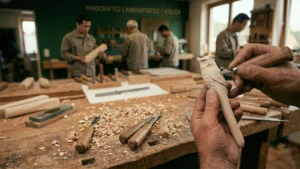 Close-up of an artisan's hands carving a natural basswood owl pen in a clean factory workshop, highlighting handcrafted quality and craftsmanship.