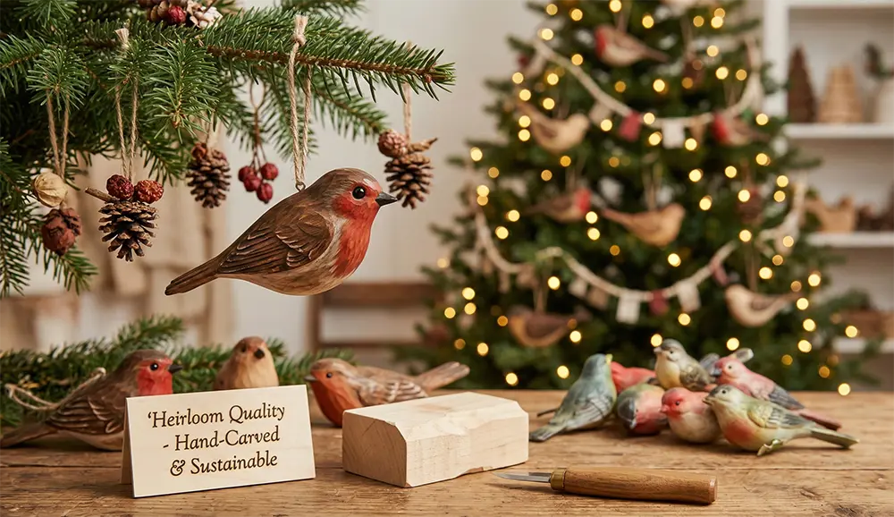 Hand-carved wooden bird ornaments showcasing natural finish sustainable Christmas decor