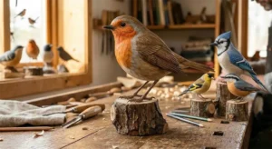 A group of hand-carved wooden birds on small natural stump bases, displayed in the Ewoodarts artisan workshop, highlighting sustainable basswood craftsmanship.