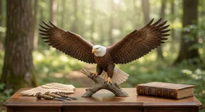 Hand-carved basswood bald eagle sculpture for office desk decor, Ewoodarts wholesale bird collection.