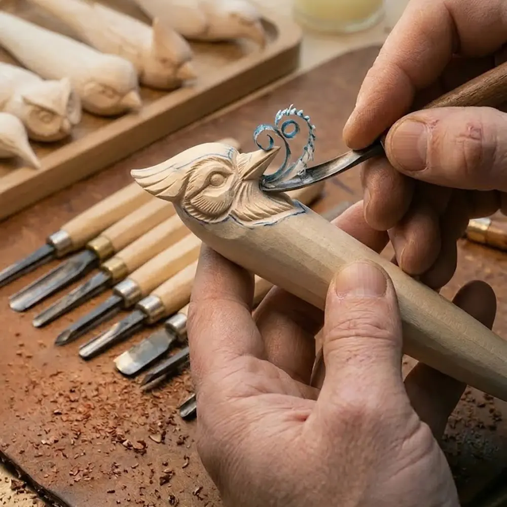 Artisan hand-carving basswood pen during manufacturing process showing craftsmanship details