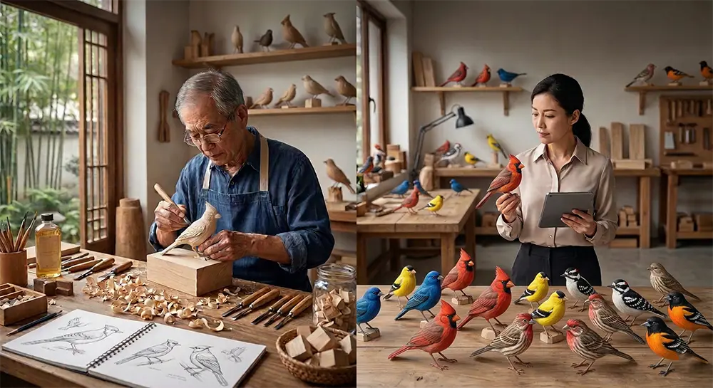 handcrafted-wooden-bird-carving-to-finished-art