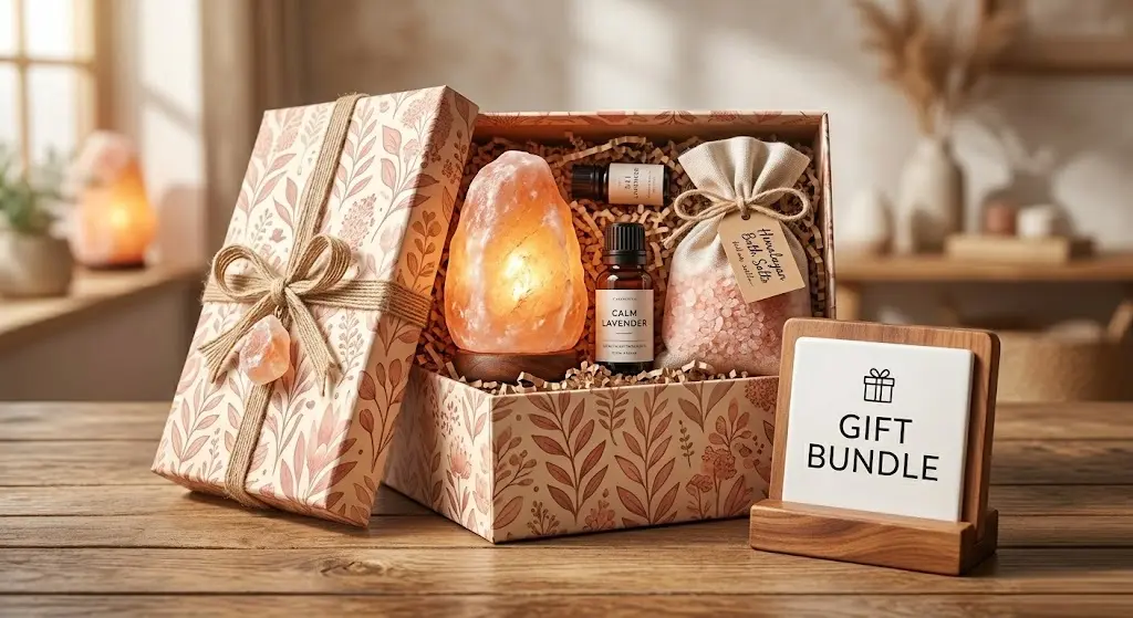 A premium Himalayan salt lamp gift bundle including a natural crystal salt lamp, essential oil bottle, and a bag of pink bath salts in a decorative floral gift box with a Gift Bundle sign.