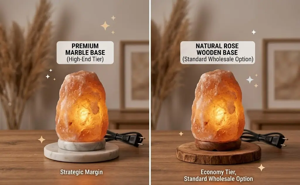 Side-by-side comparison of natural Himalayan salt lamps with premium marble base (high-end tier) and natural rose wooden base (standard wholesale option), highlighting the strategic pricing tiers for B2B retailers.