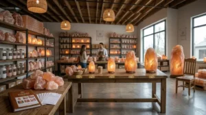 A detailed view of a Himalayan salt lamp wholesale store interior, functioning as a physical size and weight chart. In the center, a long wooden display table features a line of glowing Himalayan salt lamps in varying sizes, arranged from smallest to largest. To the left, a foreground table holds piles of raw salt crystal blocks and printed catalogs. Two employees are working in the background among well-stocked wooden shelves. The scene conveys a busy, well-organized wholesale environment.