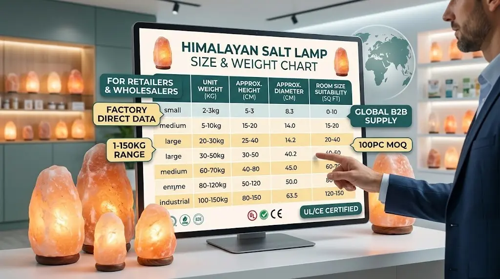 Comprehensive Himalayan Salt Lamp Size and Weight Chart showing factory specifications from 1kg to 150kg for B2B wholesale buyers, including height, diameter, and room suitability data.