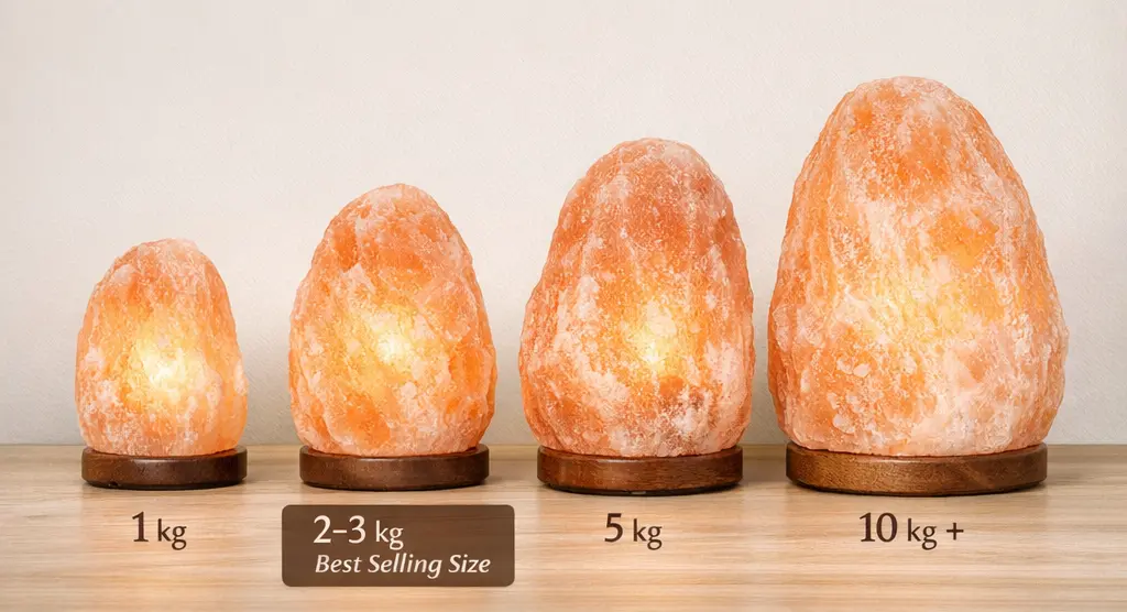 Comparison of different Himalayan salt lamp sizes (1kg, 2-3kg, 5kg, 10kg+) on wooden bases. Highlighting 2-3kg as the best selling size for retail and wholesale distribution.
