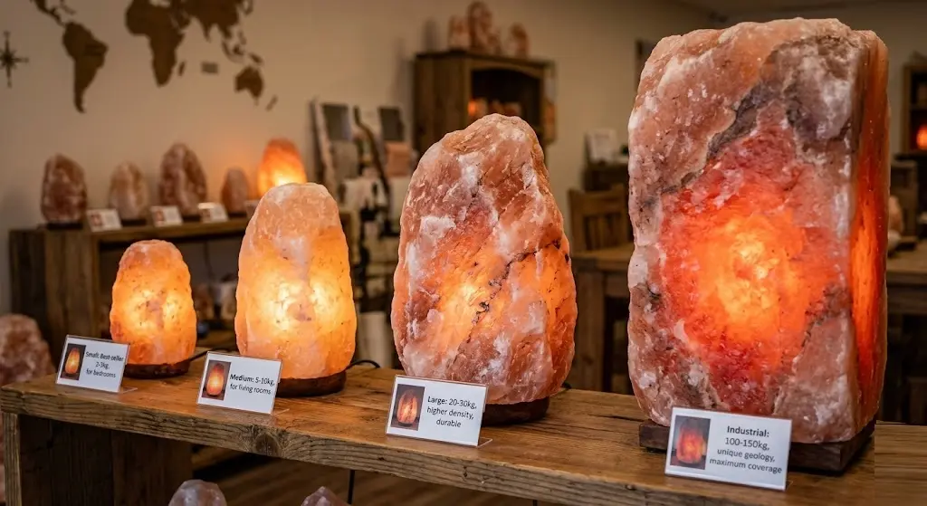 Comparative display of Himalayan salt lamps in four sizes—small (2-3kg), medium (5-10kg), large (20-30kg), and industrial (100-150kg)—on a wooden shelf, each with a label describing its recommended room application and unique geological features.
