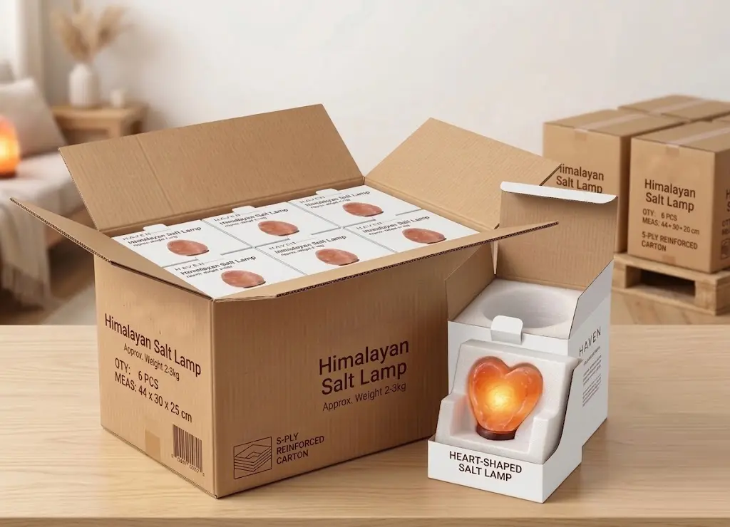 Professional export packaging for Himalayan salt lamps showing reinforced 5-ply cartons and individual gift boxes for B2B wholesale.