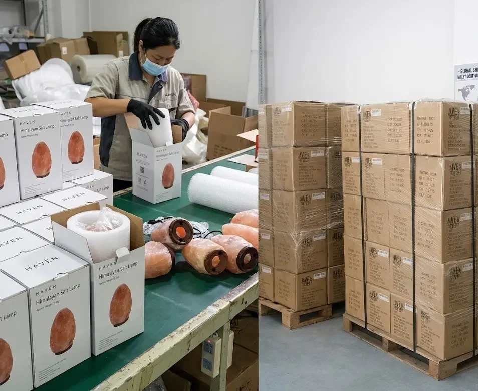 Professional B2B packaging process for Himalayan salt lamps: Left shows individual units secured with precision foam in Haven branded retail boxes; Right shows 6-piece master cartons stacked and shrink-wrapped on a standardized export pallet for global shipping.