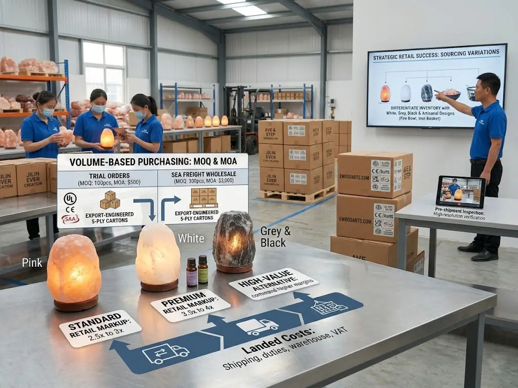 Infographic showing salt lamp wholesale pricing for Jilin Ever Creation, featuring pink, white, and grey lamps with 2.5x to 4x retail markup potential and tiered MOQ requirements of 100 to 300 pieces.