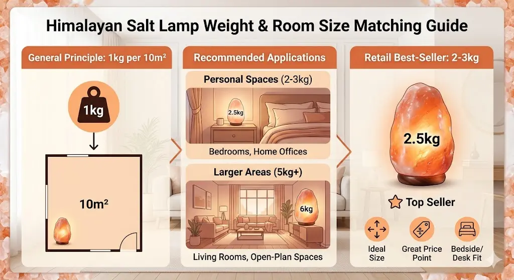 Infographic for retailers showing how to match Himalayan salt lamp weight to room size: 2-3kg lamps for personal spaces like bedrooms, and 5kg+ lamps for larger areas like living rooms, based on the 1kg per 10 square meters rule.