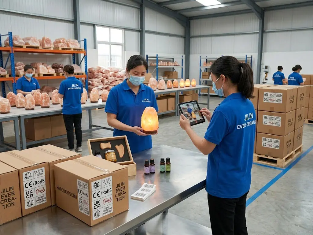 Jilin Ever Creation factory staff recording pre-shipment quality videos of Himalayan salt lamps and wellness gift sets, featuring 5-ply reinforced export cartons with UL, CE, SAA, and UKCA certifications.