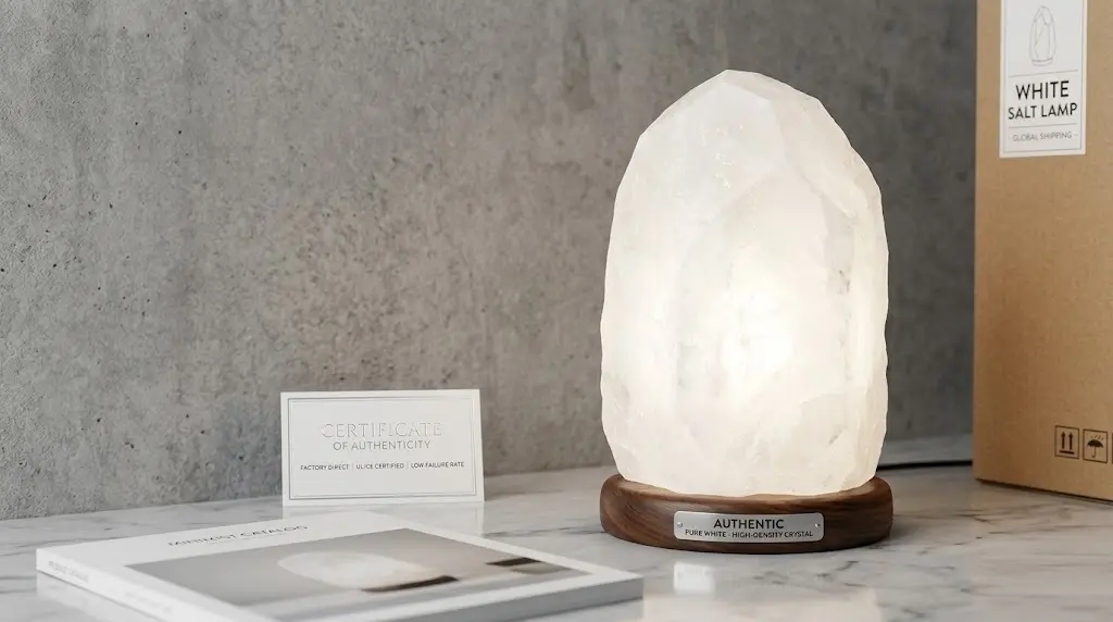 High-purity white Himalayan salt lamp with UL/CE certified wooden base, displayed with a Certificate of Authenticity and 5-ply export packaging to ensure premium wholesale quality and low failure rates.