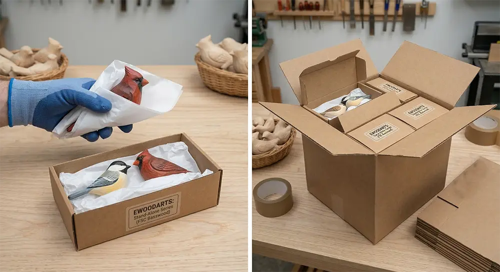 Three-layer packaging process for wooden birds: tissue paper wrap, individual inner box, and master shipping carton.