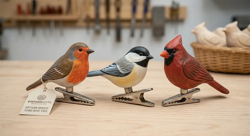 Trio of standard hand-carved basswood songbirds (Robin, Chickadee, Cardinal) with metal clip-on attachments for year-round decor.