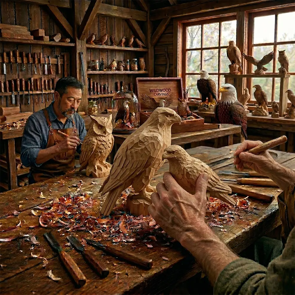 Master artisan hand-carving a detailed wooden eagle from basswood in a professional woodcraft workshop.