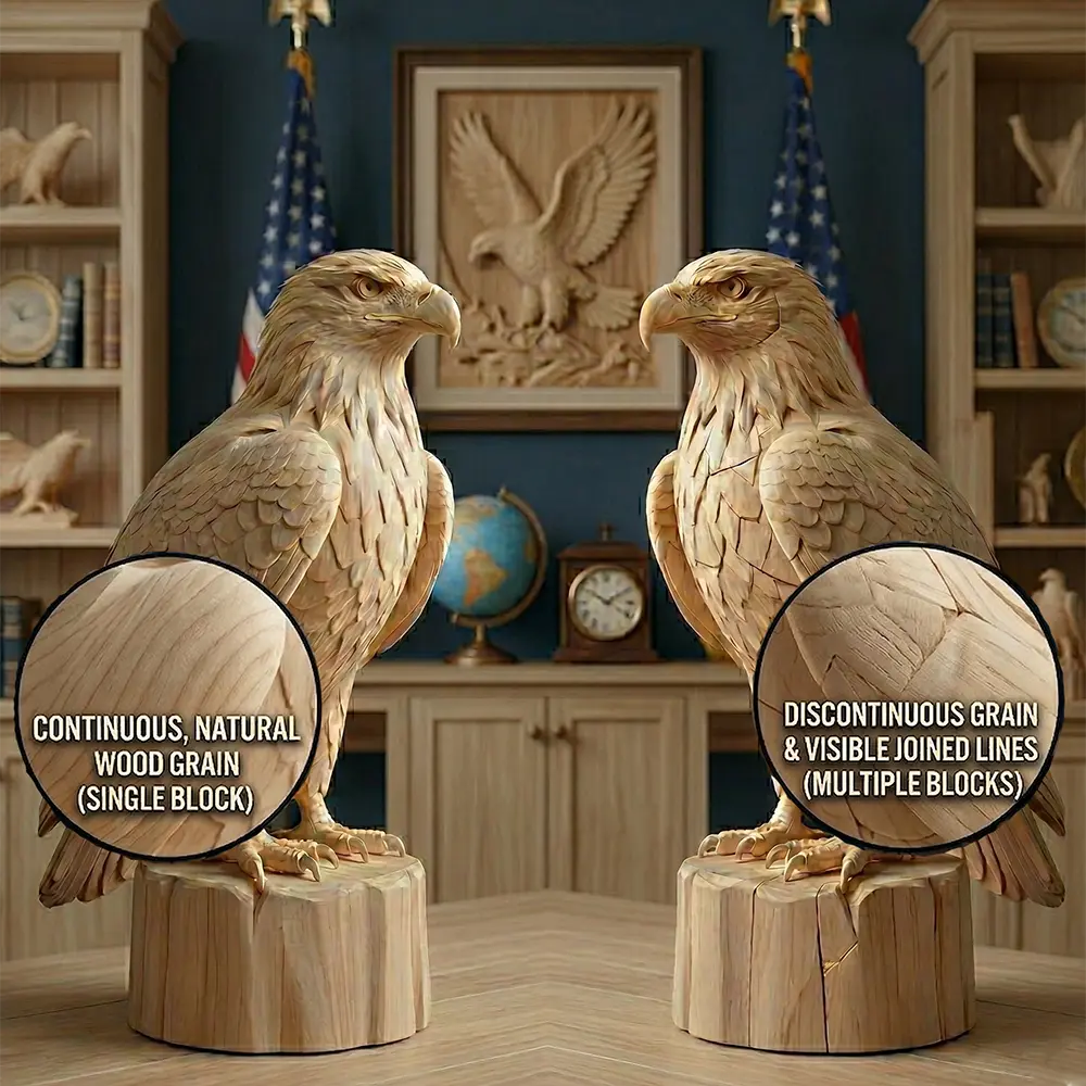 Side-by-side comparison of an unfinished solid wood eagle and a spliced wood eagle showing natural grain vs joined lines.