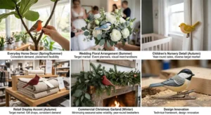 Professional applications of hand-carved wooden bird ornaments with metal clips for year-round decor and B2B events