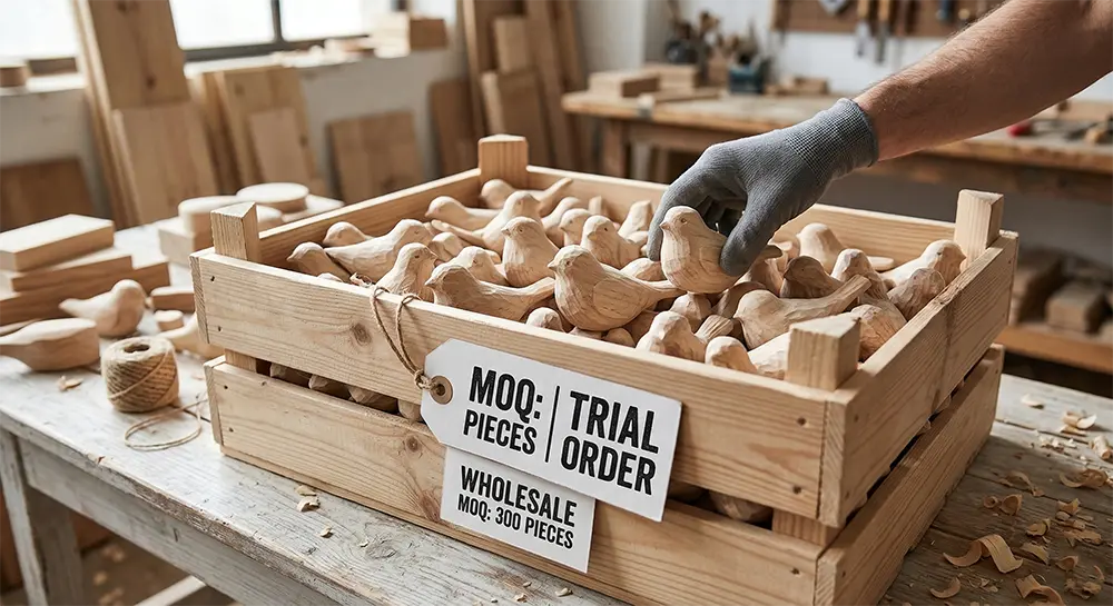 Step-by-step production of wholesale Nordic wooden birds showing raw basswood, multi-stage sanding, and non-toxic painting process.