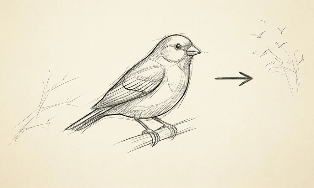 Design sketch of a bird translating from drawing toward a carved form