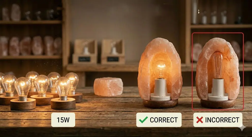 A visual safety guide comparing 15W and 25W incandescent bulbs for salt lamps. The image shows the correct fit of a 15W bulb versus the overheating risk of a longer 25W bulb in a standard 2-5kg Himalayan salt lamp.