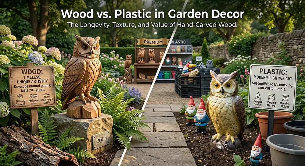 wood-vs-plastic-garden-decor owls-comparison