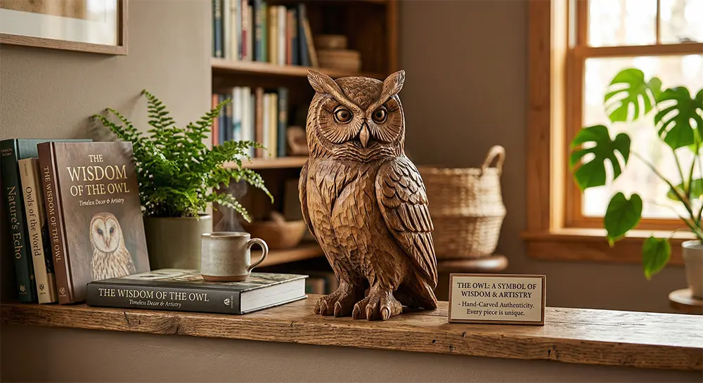 Hand-Carved Wood Owl Home Decor