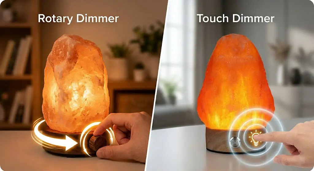 A split-screen comparison of two Himalayan salt lamp dimming methods. The left side features a Rotary Dimmer with a warm amber glow, showing a hand turning a physical wooden knob with directional arrows. The right side features a Touch Dimmer with a smooth wooden base and a metallic touch button, showing a finger tapping the sensor with a light ripple effect to highlight modern interactive functionality.
