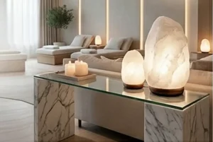 Premium wholesale white Himalayan salt lamps with hand-selected crystals from the Khewra Mine, featuring natural geometric shapes and marble bases, ideal for luxury wellness branding and high-end retail.