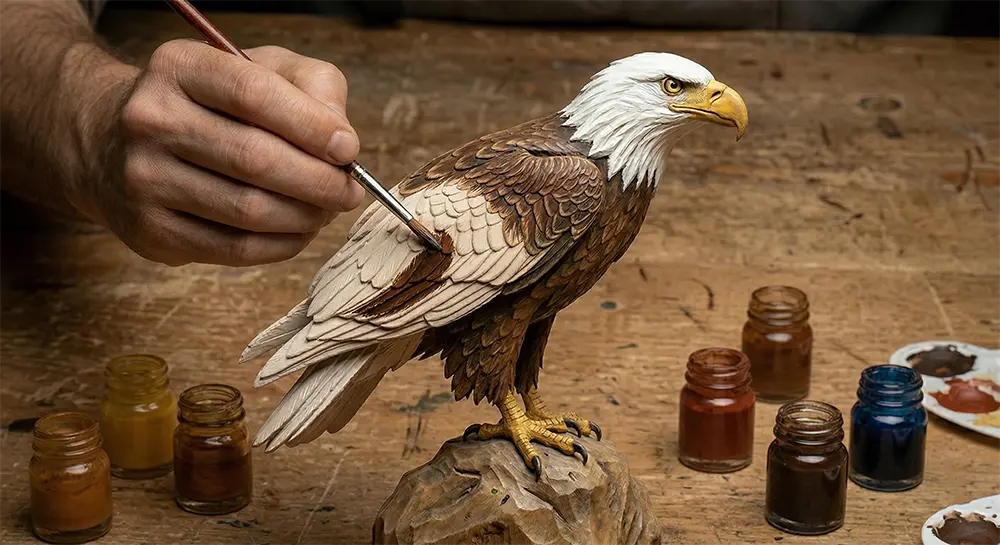 Hand-Painting the Fine Details: From Raw Wood to Lifelike Eagle