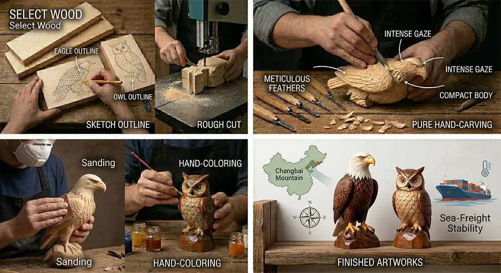 Wholesale Hand-Carved Wooden Birds Production Process