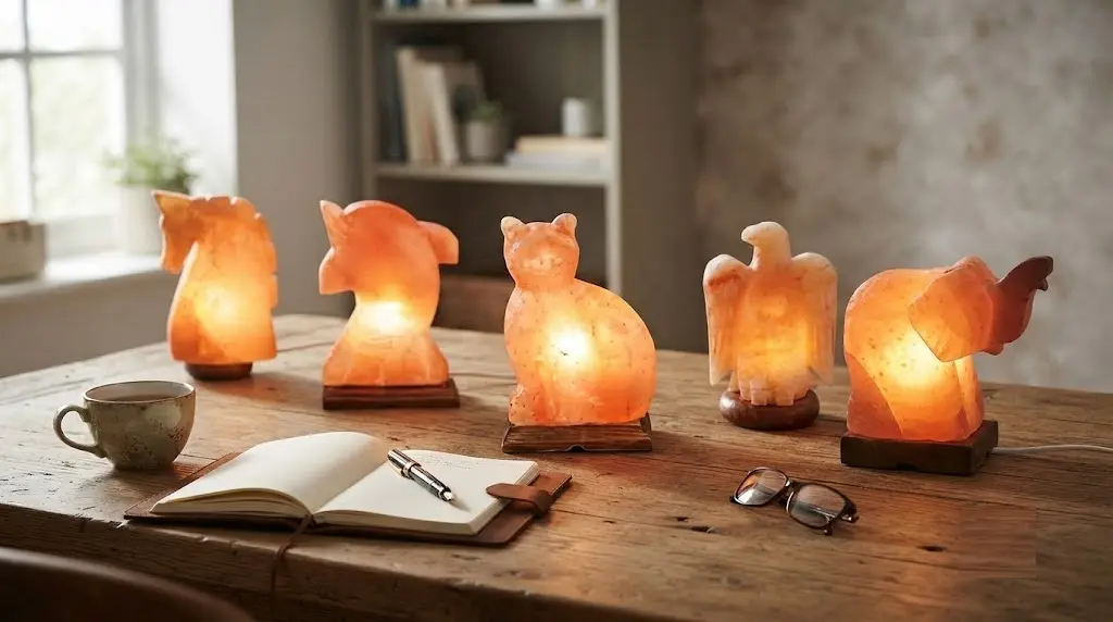 Wholesale handmade animal salt lamps collection featuring horse, dolphin, cat, eagle, and elephant shapes on wooden base.