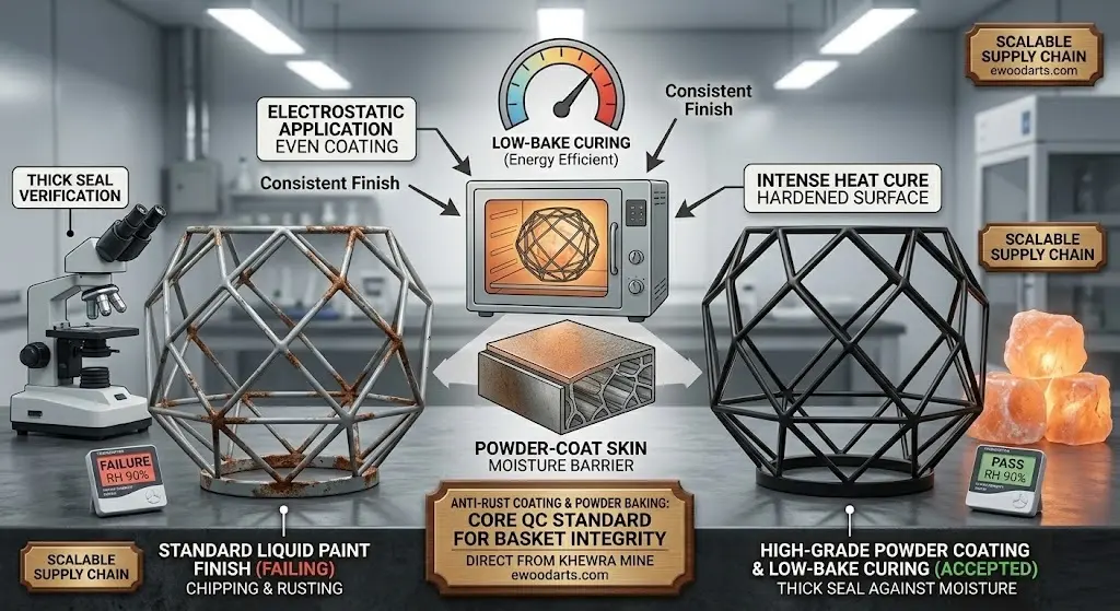 A professional B2B featured image illustrating an advanced anti-rust powder coating and baking process for geometric wire basket salt lamps, contrasting a rusted inferior basket with messy salt spillage against a high-grade powder-coated glowing lamp direct from the factory, highlighting specific close-ups of the thick seal and low-bake curing for superior structural and aesthetic integrity.