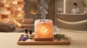 A premium wholesale Himalayan salt lamp diffuser with a stainless steel oil cup in a professional spa setting, featuring Jilin Ever Creation craftsmanship.