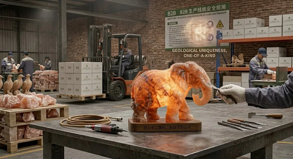 A detailed close-up of an artisan hand-finishing a large elephant-shaped Himalayan salt lamp on a metal workbench, with a busy B2B factory background featuring workers, salt pallets, and a forklift.
