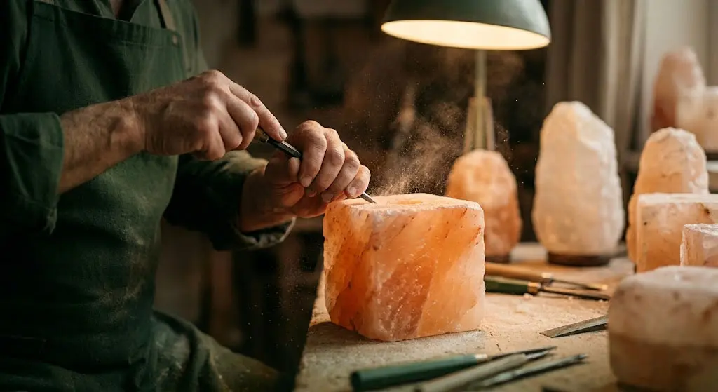 A professional artisan using traditional tools to perform layered salt carving on a raw Himalayan salt block, revealing natural mineral veins and creating unique textures for handcrafted salt lamps.