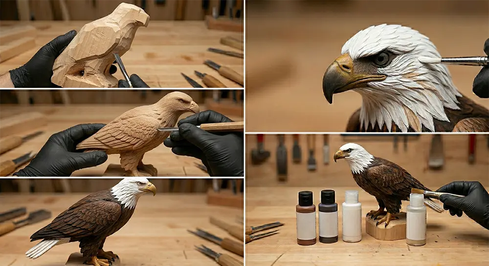 Step-by-step painting process of a hand-carved bald eagle wood sculpture, using non-toxic water-based paints compliant with international safety standards.