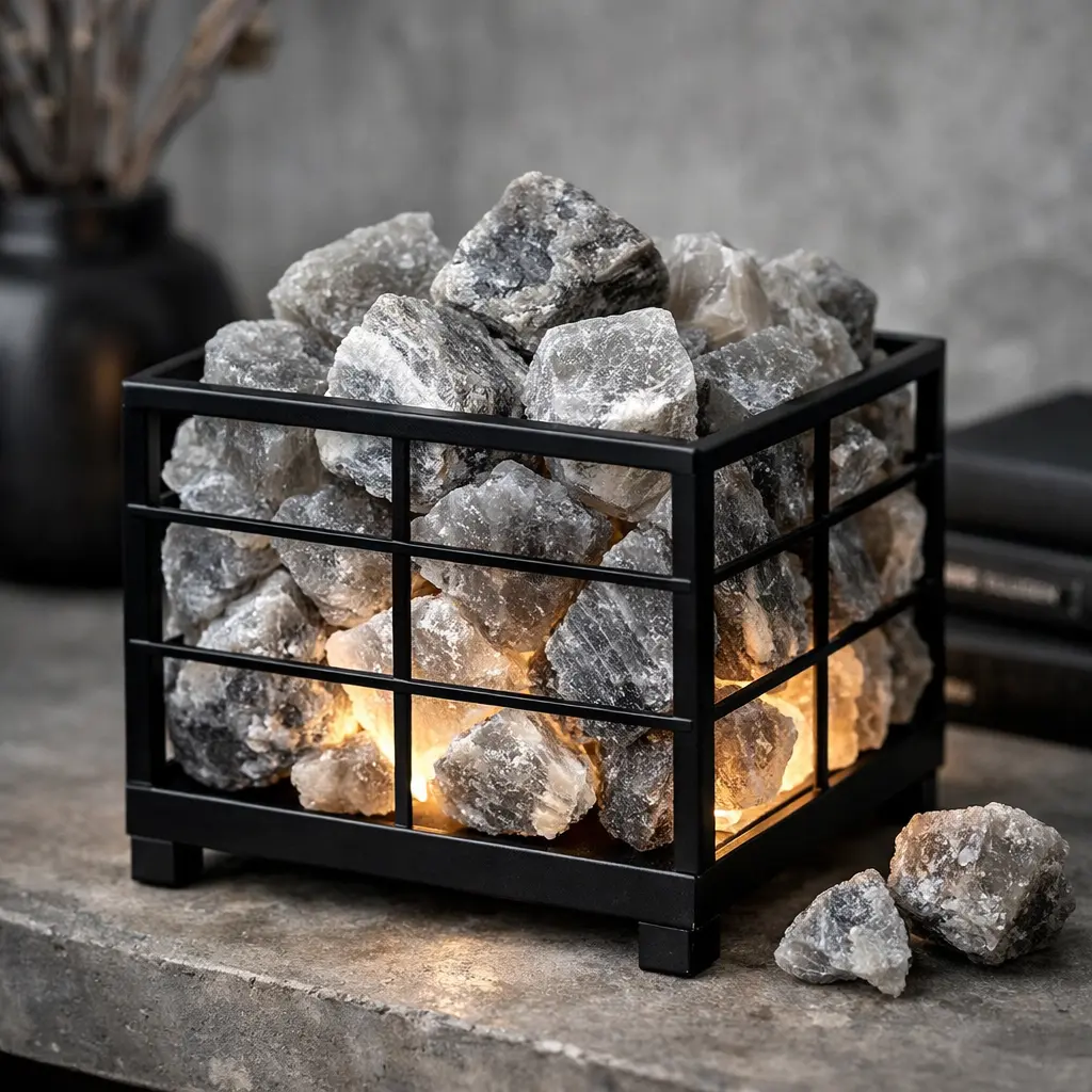 Black metal basket Himalayan salt lamp with natural grey salt crystals, showcasing industrial and minimalist home decor style