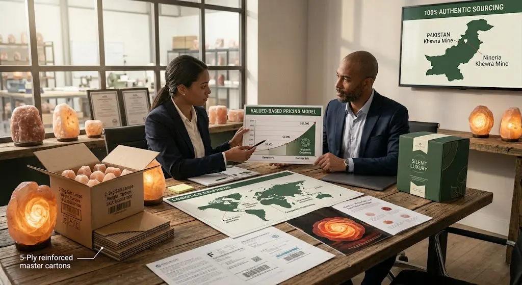 A professional B2B discussion space with market analysis charts, a global salt sourcing map, and premium handcrafted salt lamps like the unique Rose Lamp, illustrating value-based pricing and the 'Nature's Geometry' concept for boutique markets.