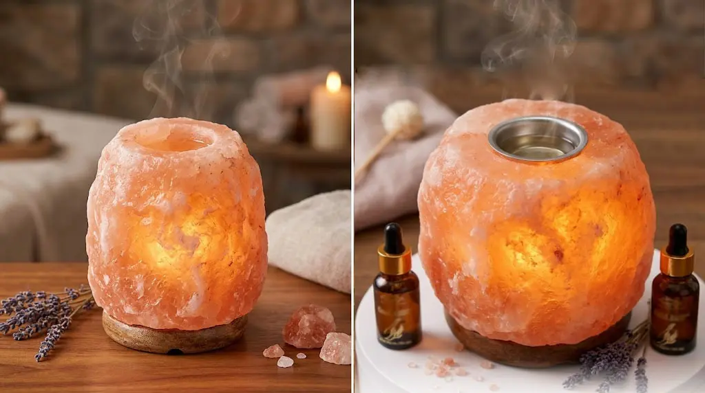 Side-by-side comparison of integrated carved salt lamp cup and detachable metal insert design.
