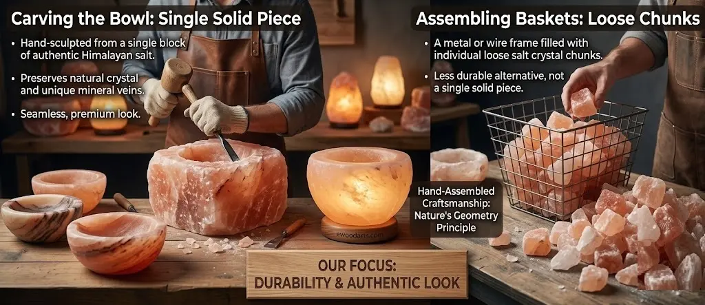A side-by-side comparison of salt lamp manufacturing: a craftsman hand-sculpting a fire bowl from a single solid block of Himalayan salt (left) versus an assembled wire basket filled with loose chunks (right).