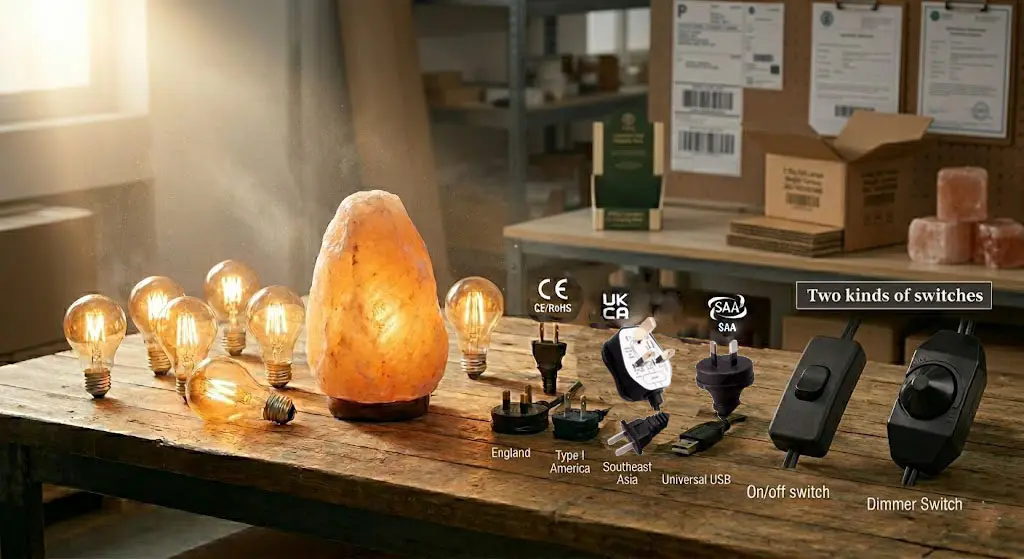 A collection of globally certified electrical components for Himalayan salt lamps, including American Type A, Australia, Europe, and UK plugs with UL, CE, and SAA marks, alongside professional dimmer and rocker switches.
