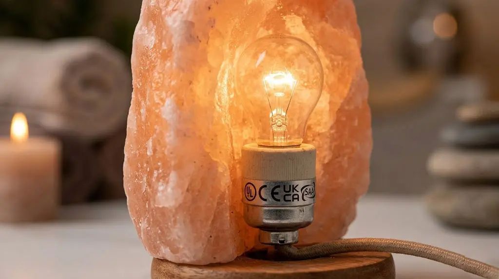Close-up of a certified E12 incandescent bulb with warm glow installed in a salt lamp base, highlighting international safety standards like UL and CE.
