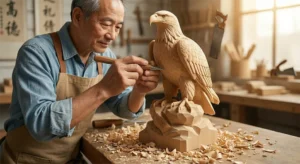Skilled Chinese artisan hand-carving a Bald Eagle wood sculpture from premium basswood in a traditional workshop.