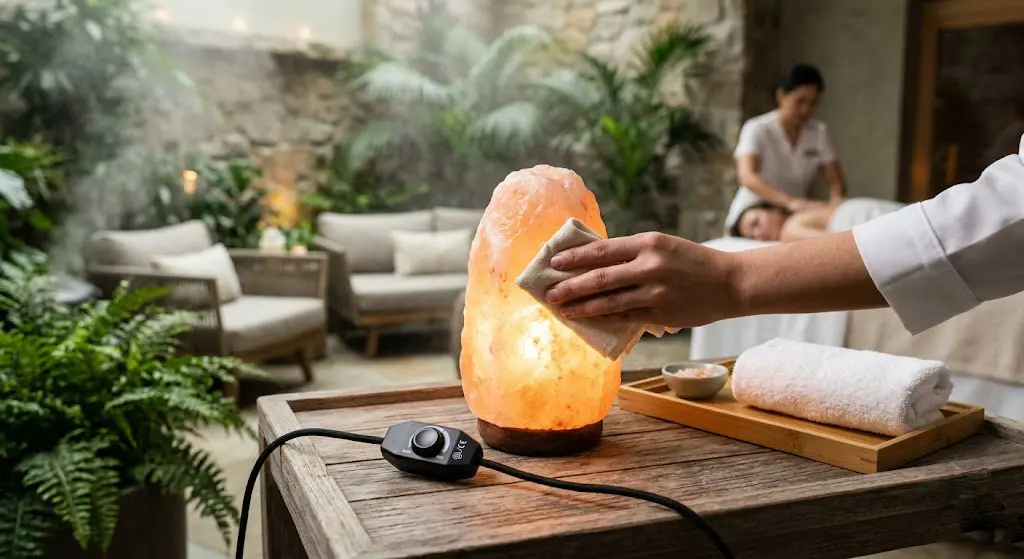 A spa staff member cleaning a moisture-controlled Himalayan salt lamp with a dry cloth, showing efficient hygiene maintenance in a commercial wellness setting