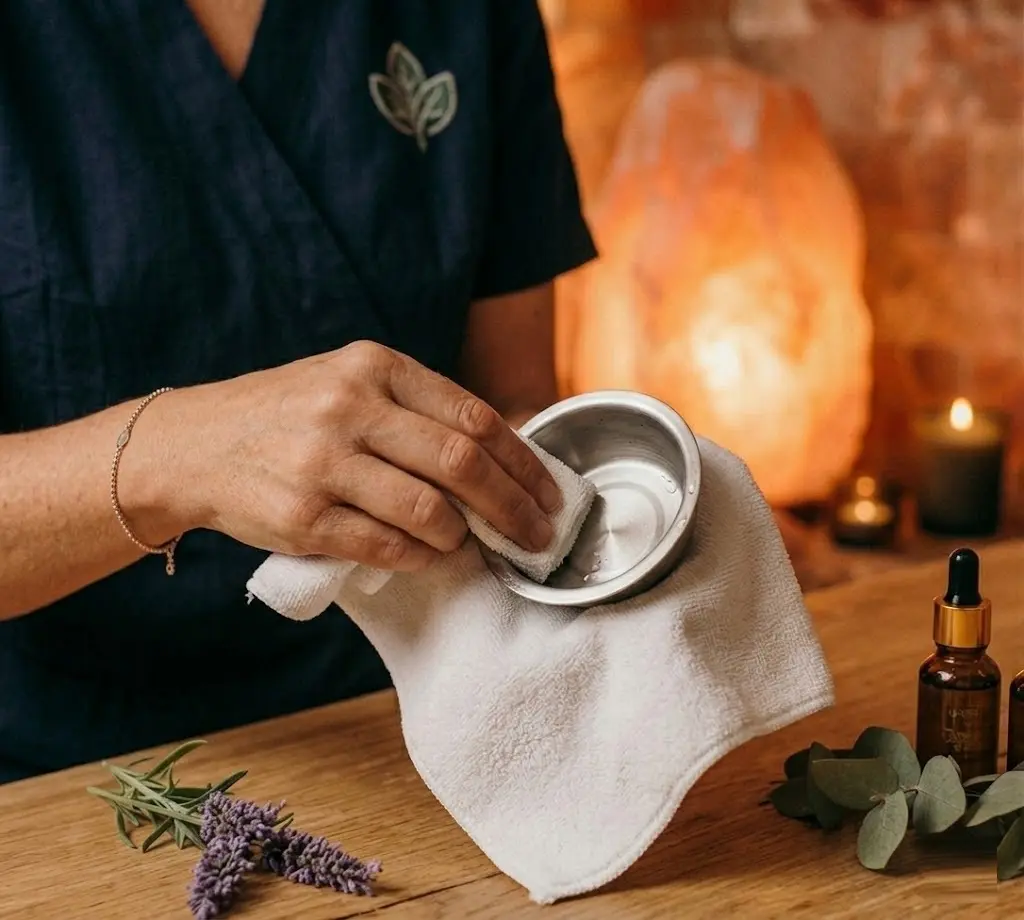 A close-up of a hand using a soft microfiber cloth to wipe the stainless steel essential oil bowl from a Himalayan salt lamp diffuser in a tranquil spa setting.