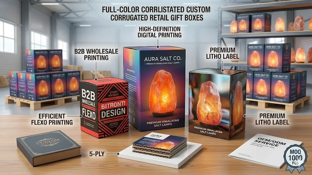 Showcase of various custom full-color corrugated retail boxes for Himalayan salt lamps, illustrating flexo and digital printing finishes for high-end gift packaging and B2B wholesale orders.