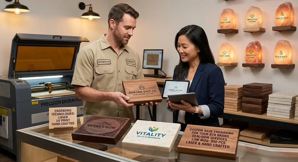 A collaboration between a professional craftsman and a business client discussing custom branded salt lamp bases, featuring laser engraving and UV printing samples with a low 300-piece MOQ.